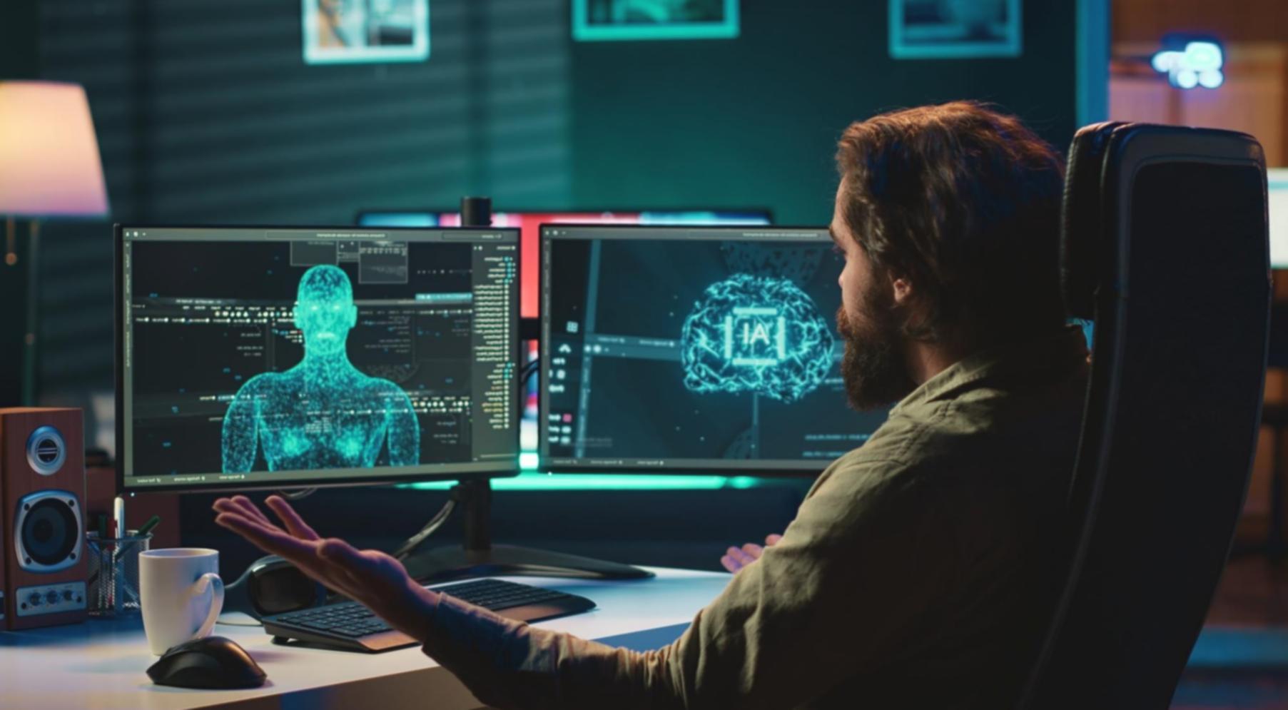 Workspace di modellazione 3D con monitor e strumenti digitali